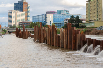Flood wall in river basin of Svratka, Brno, Czech republic, floods after storm Boris, September 15,...