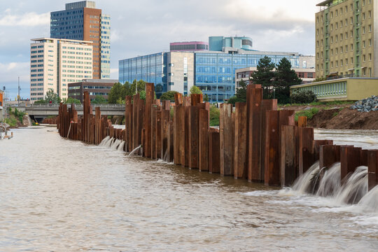 Flood wall in river basin of Svratka, Brno, Czech republic, floods after storm Boris, September 15, 2024.