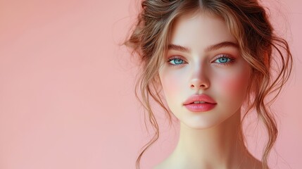 Fototapeta premium A graceful portrait of a young woman with a serene expression, her hair gently flowing around her shoulders, set against a pastel pink background that adds a subtle, dreamy quality to her elegant
