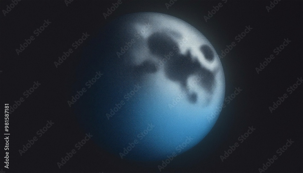 Wall mural abstract grainy gradient glowing blue moon texture on black background, banner, header, post