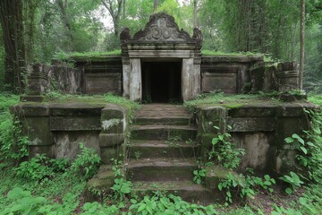 Ruins of an ancient temple nestled in lush green forest showcasing serenity and nature\'s reclaiming of history