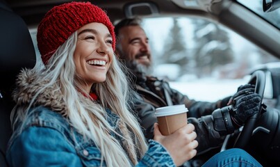 Joyful woman with long white hair in winter attire enjoying a road trip with a cup of coffee in hand, sitting in a car with a smiling bearded man