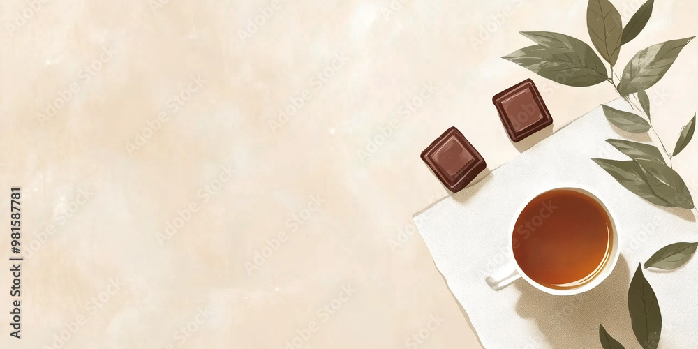 Wall mural single plant-based chocolate on napkin with small cup of herbal tea beside, sweet illustration art