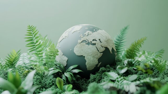 Fototapeta A detailed 3D representation of a lush green world concept, highlighting continents surrounded by abundant plant life, capturing a hyperrealistic view of nature's beauty