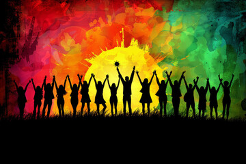 A diverse group of people stands silhouetted against a vibrant sunset, joyfully lifting their hands in celebration