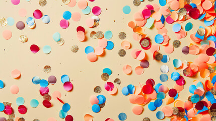 Top view of colorful confetti on a beige background