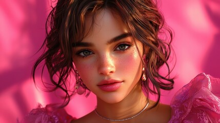 Naklejka premium A beautiful young woman with a playful yet elegant demeanor, her eyes sparkling and her hair styled to perfection, set against a rich pink backdrop that adds depth and warmth to her portrait. 3d