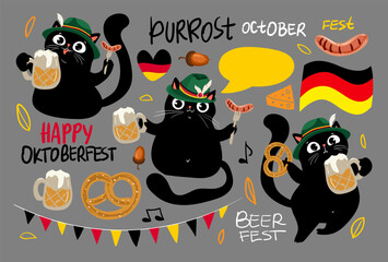 Fototapeta premium Set of funny black cats and hand drawn lettering for Oktoberfest Beer Festival, Set of Oktoberfest vector design elements. Perfect for stickers, bagdes and other. Vector EPS 10