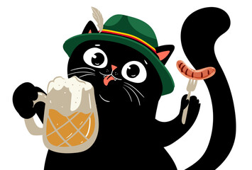 Oktoberfest, character black cat drink beer, wearing in green hat, kawaii flat vector