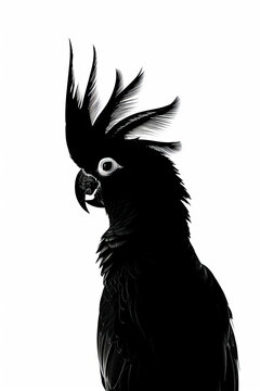 recommend clip art: A striking black cockatoo stands proudly in profile, displaying its impressive crest and distinctive features against a pure white background, highlighting the bird's elegance and beauty.
