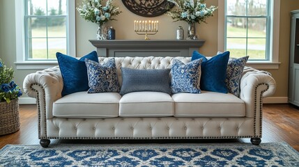 Festive Hanukkah living room decor with a menorah, blue and silver pillows, and a floral centerpiece creating a cozy atmosphere for holiday gatherings