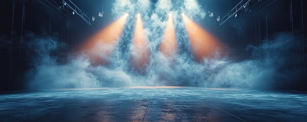 A dark, empty stage covered in a thick layer of smoke, with bright spotlights cutting through the fog to create sharp, angular beams of light, emphasizing the dramatic and foreboding ambiance of the