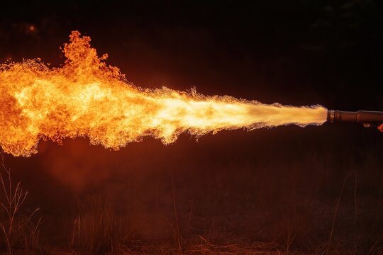 Flames erupt from a handheld torch in a dark field, showcasing a display of fire in the night sky