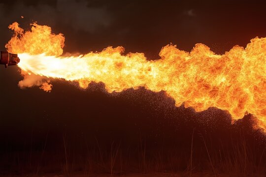 Flame thrower unleashes a massive fire blast during a nighttime demonstration in a clear sky