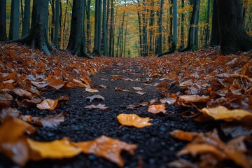 Autumn trail covered in fallen leaves, showcasing vibrant orange and brown foliage in a serene forest setting during fall
