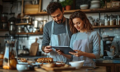 Young couple in a cozy kitchen using a tablet to follow a recipe together, wearing matching aprons and surrounded by cooking ingredients and a comfortable atmosphere