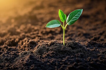 A young green plant emerging from dark soil in a sunlit garden during early spring, symbolizing growth and new beginnings