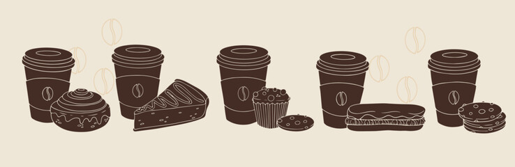 Collection of stamps, silhouettes of coffee cups with various pastries, desserts. Vector graphics.