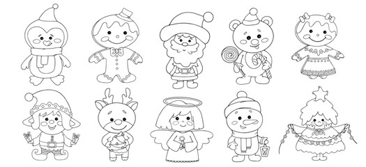 Set of line sketches, outlines, coloring pages of cute Christmas characters. Vector graphics.