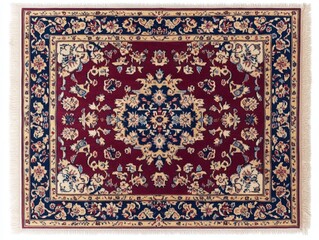 Elegant traditional rug featuring intricate floral patterns on a rich burgundy background for home decor enhancement, white background
