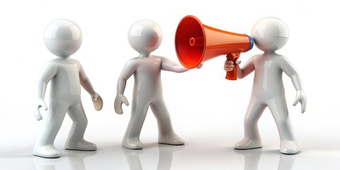 3D White People with Megaphone, 3D rendering, white background, communication, announcement, megaphone, announcement