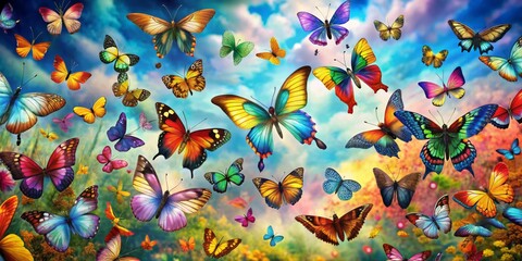 A Flutter of Colors Multicolored Butterflies in a Dreamy Sky, Digital Art, Butterfly, Nature, Color ,butterfly, nature
