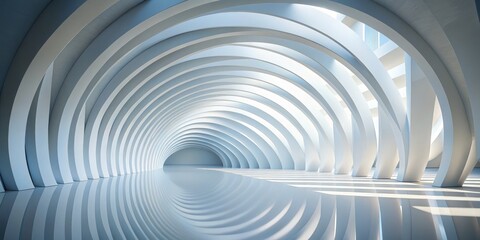 Abstract Arched Tunnel White Geometric Structure with Reflective Floor, Architecture, Minimalist, Design