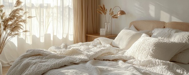 A sleek, modern bedroom with a plush white bed, layered with comfortable pillows and a cozy blanket, accented by minimalist dÃ©cor and soft ambient lighting, creating a relaxing and elegant space.