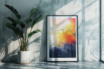 Modern Interior with Framed Artwork and Potted Plant in Sunlit Room