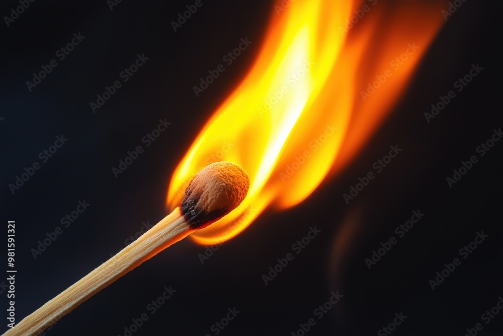 Wall mural a matchstick ignites, showing vibrant flames and smoke against a dark backdrop in a dramatic burst o