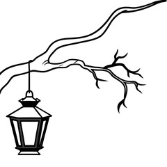 Outline Vector of an Old Lantern Hanging from a Crooked Post or Branch