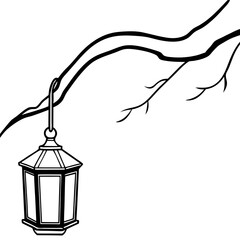 Outline Vector of an Old Lantern Hanging from a Crooked Post or Branch