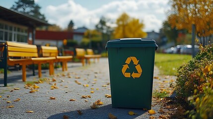 Green Schoolyard: A recycling bin with the universal symbol in a schoolyard or playground area, emphasizing the school's commitment to environmental education and practices.