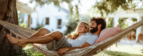 Young couple relaxing together in a hammock on a sunny day, enjoying peaceful moments outdoors surrounded by lush greenery