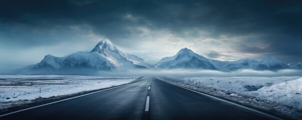 Mountain road landscape with night starry sky. Travel and road trip concept. Highway winding under snowy peaks. Natural background for banner, poster, wallpaper