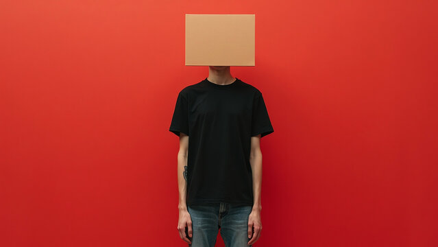 Person with Cardboard Box Head on Red Background