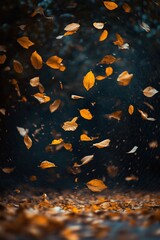 Golden autumn leaves swirl gracefully in the air, capturing the essence of fall in a tranquil forest setting