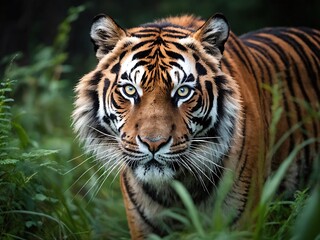 Fototapeta premium A majestic tiger gazes intently in the lush green forest during the golden hour of early evening
