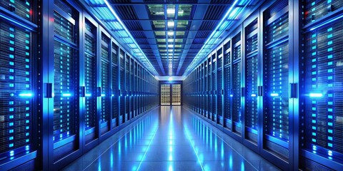 Fototapeta premium Blue Illuminated Server Room, Data Center, Technology, Infrastructure