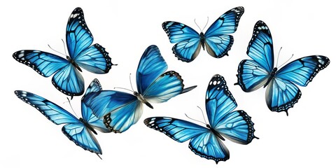 Blue Morpho Butterflies in Flight, Five butterflies, Blue Morpho, nature, insect, wings, white background