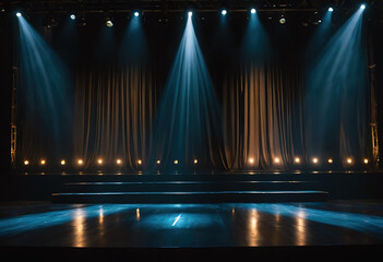 Escenario con luces azules, teatro elegante, stage with elegant curtains and blue lights