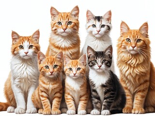A group of playful and curious cats gathered together in a bright studio setting showcasing their vibrant fur and unique personalities