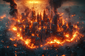 Fototapeta premium A city made of paper, burning at the edges, representing the fragility of modern civilization. Concept of environmental disaster and societal collapse.