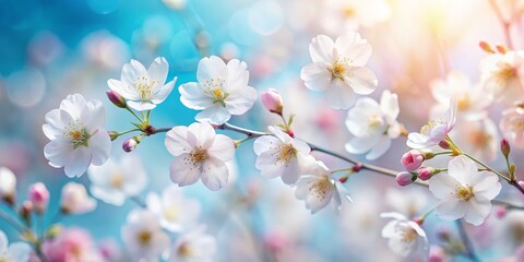 Fototapeta premium Delicate Cherry Blossoms in Springtime Bloom, Pastel Background, Macro Photography, Cherry Blossoms, Spring, Floral
