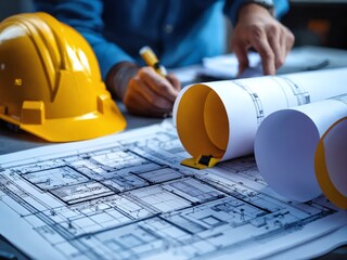 Construction worker analyzing blueprints on a desk while wearing a hard hat and preparing for a new building project