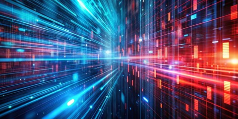 Obraz premium Digital Data Flow Abstract Red and Blue Lines with Glowing Lights, Data, Technology, Network