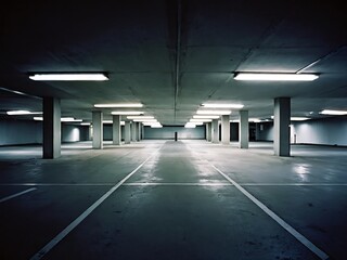 Empty underground parking garage with fluorescent lights illuminating concrete columns during late evening hours