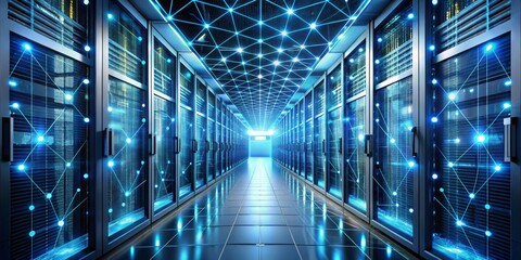 Digital Network Hub Server Room with Glowing Lines, 3D Render, Network Architecture, Data Center, Server, Technology, Network