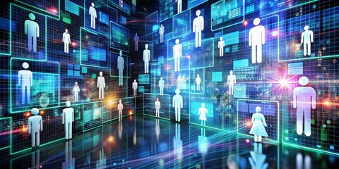 Fototapeta premium Digital Network of People, Blue and Green Grid, Technology, Data, Future