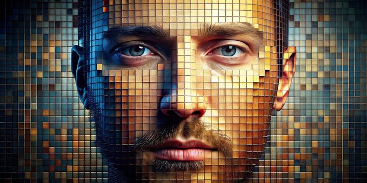Digital Mosaic Portrait A Man's Face Composed of Pixels, digital art, pixel art, portrait